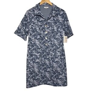 Tyler Boe Sheath Dress Small NWT Blue Gray Camo Print Short Sleeve Buttons